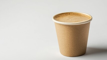 Brown disposable cup filled with coffee on a plain light background with ample copy space for text.