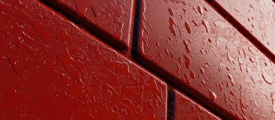 Wet red brick wall texture with unique patterns and lines featuring droplets of water creating a glossy appearance