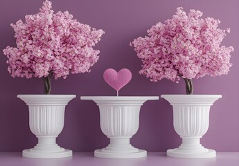 Fototapeta premium A podium for product display, with pink cherry blossom trees and heart-shaped leaves in the background, surrounded by two columns, against a purple wall, creating an atmosphere of romance and 