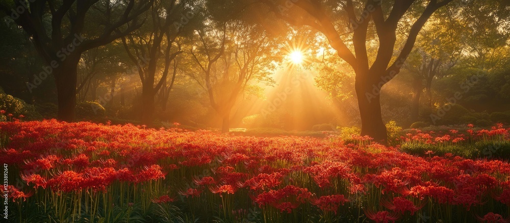 Poster sunlight filtering through trees over a field of vibrant red flowers during golden hour nature lands