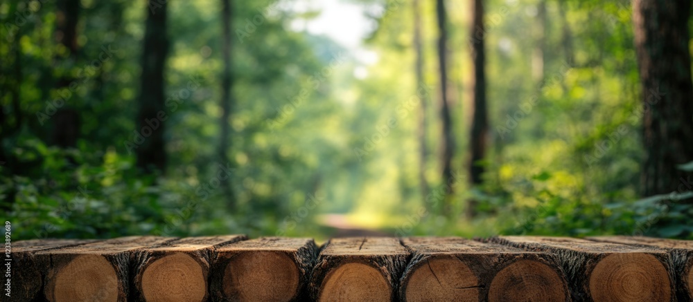 Poster logs in foreground with blurred forest background featuring trees and greenery on a sunny day with s