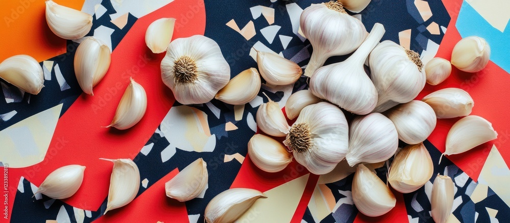 Poster garlic bulbs and cloves on colorful abstract background top view