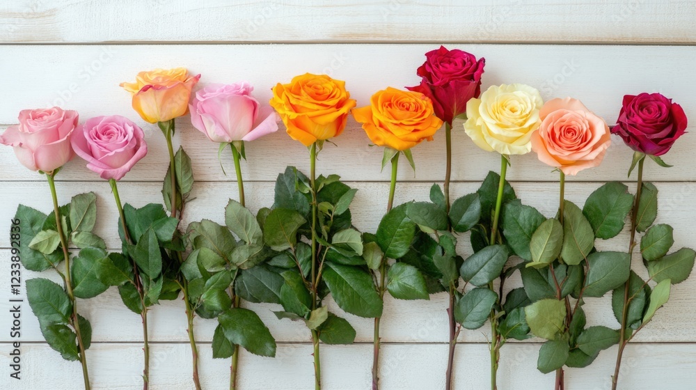 Poster multicolored roses arranged in a row on wooden background with green leaves and copy space for text