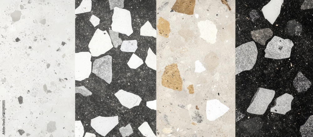 Poster variety of terrazzo floor textures in different colors and patterns with scattered stone fragments a