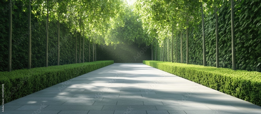 Poster pathway through lush green hedges with sunlight filtering down creating a tranquil atmosphere copy s