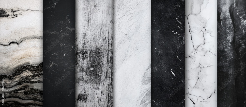 Poster collection of various marble textures in black and white hues showcasing veining patterns with ample