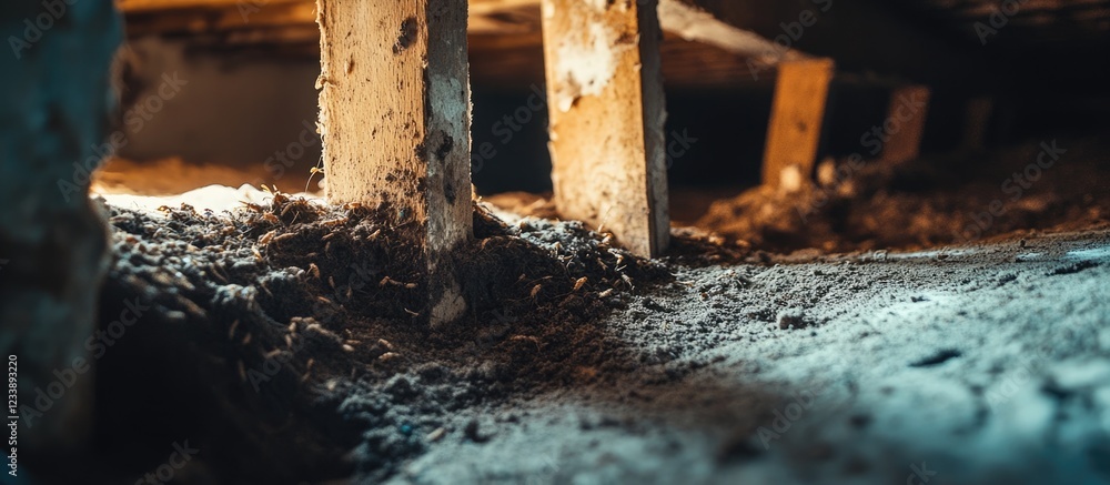 Poster rustic wooden beams in an old building with dirt and dust visible on the floor illuminated by soft l