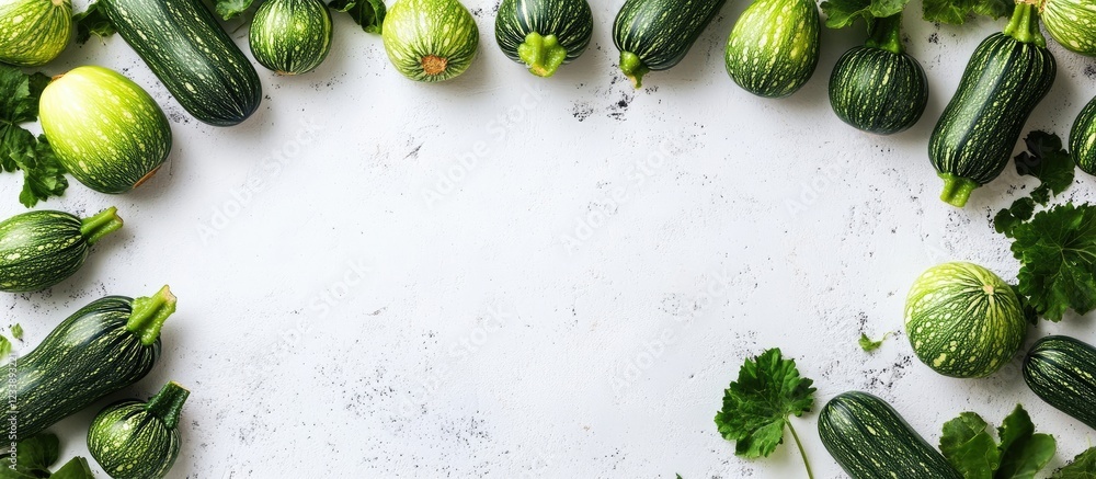 Poster fresh zucchinis and herbs arranged in a circular pattern on a light background with ample space for 