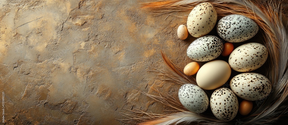 Poster various speckled eggs arranged with feathers on a textured background with copy space for text place