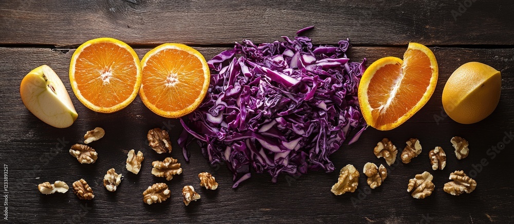 Poster colorful assortment of fresh vegetables and fruits including red cabbage oranges walnuts and lemon o