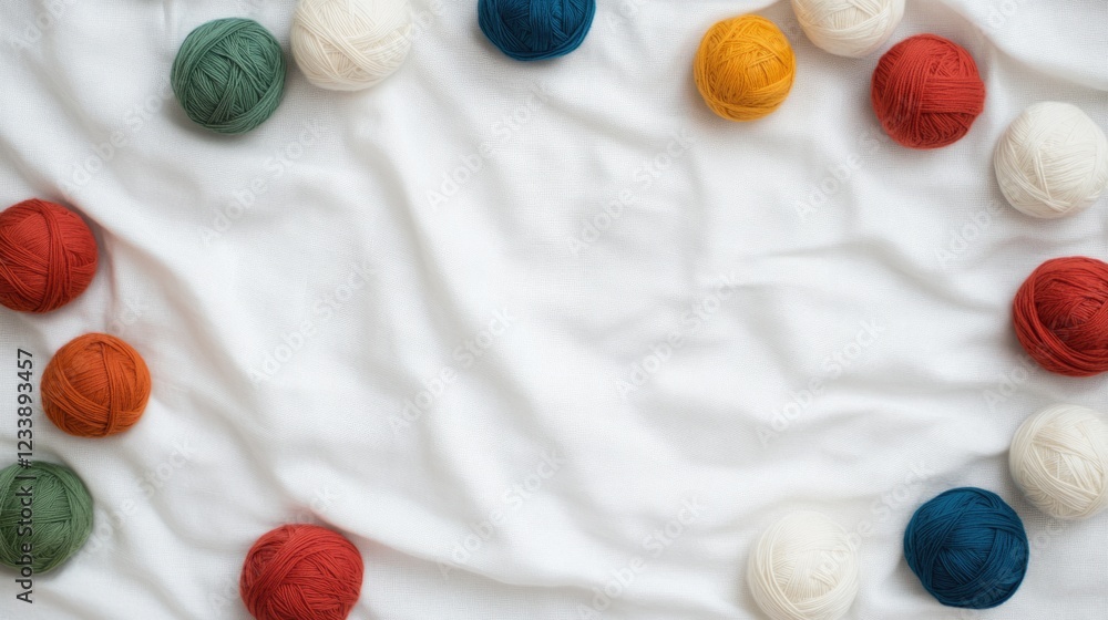 Poster colorful yarn balls arranged in a circular pattern on a white fabric background with ample copy spac