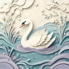 Obraz premium Elegant swan paper art, serene water scene