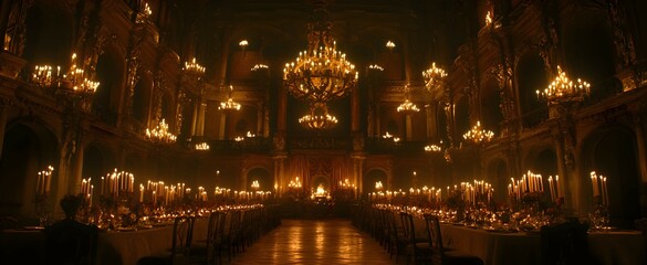 Obraz premium A Thanksgiving dinner set in a grand castle, where the table is illuminated by chandeliers made of glowing amber, casting a warm, golden light on the feast below