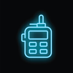 Blue neon walkie talkie icon glowing on black background, communication concept