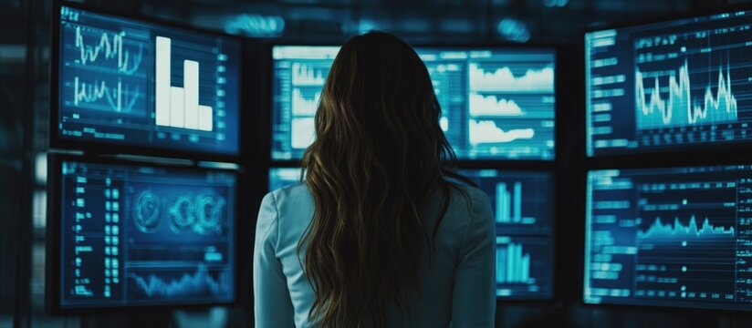 Female financial analyst analyzing digital statistics on multiple screens with data charts projections and empty space for text in office environment