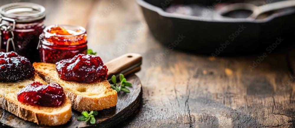 Poster freshly toasted bread slices topped with assorted jams on a rustic wooden cutting board with jars of