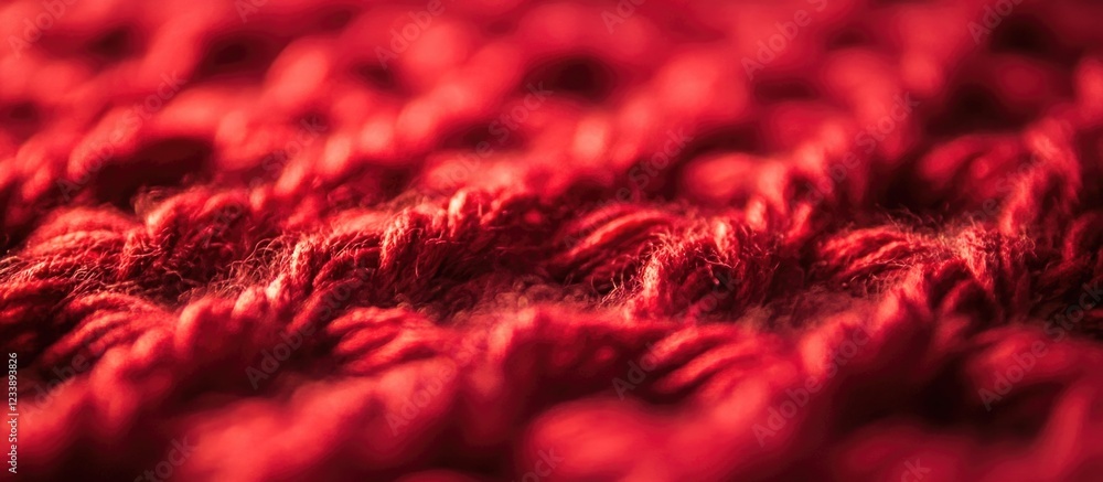 Poster close-up view of textured red yarn fabric with intricate stitching patterns warm tones ideal for bac