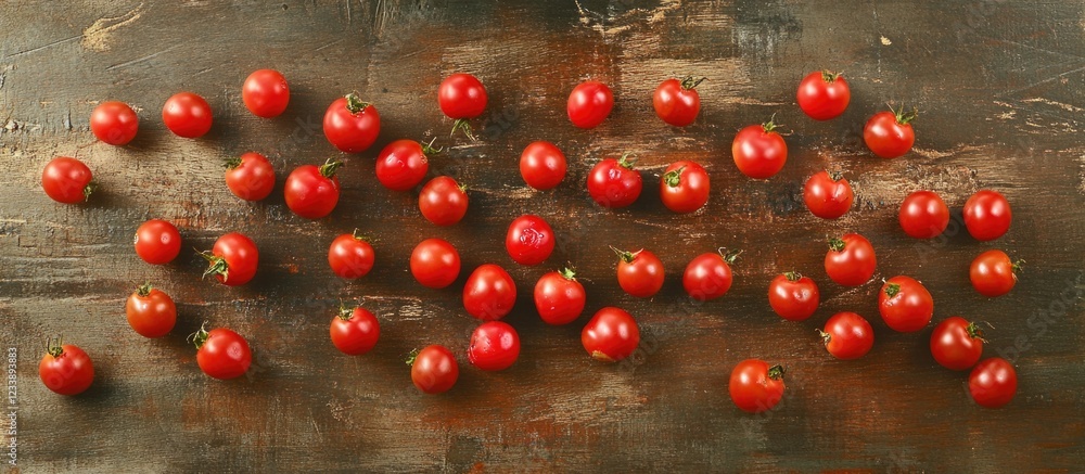 Poster fresh red cherry tomatoes scattered on a rustic surface with natural lighting and textured backgroun