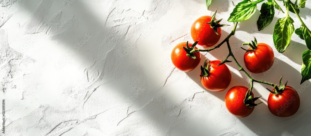 Poster fresh red tomatoes on vine with green leaves placed on textured white background with dramatic shado