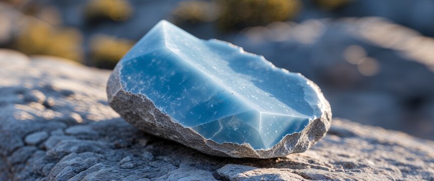 Pale sky blue celestite stone in rocky outcrop with close up background