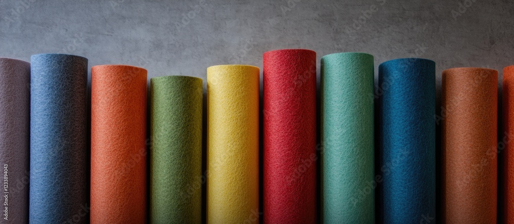 Poster colorful rolled felt fabrics arranged in a row with textured backdrop and ample copy space for text 