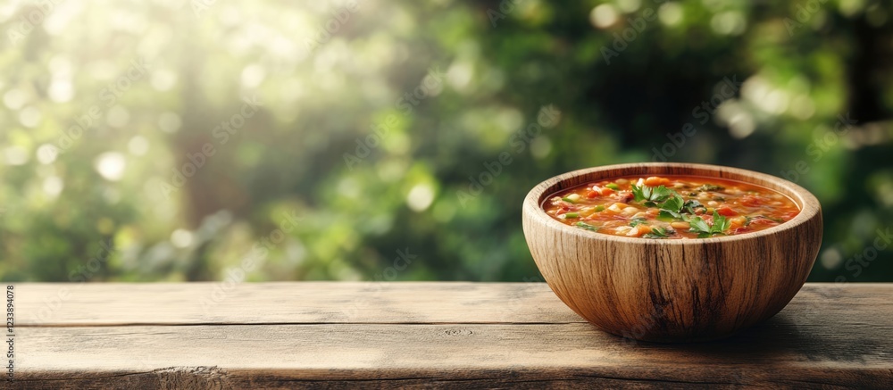 Poster wooden bowl of soup or stew placed on a rustic wooden table with blurred greenery in the background 