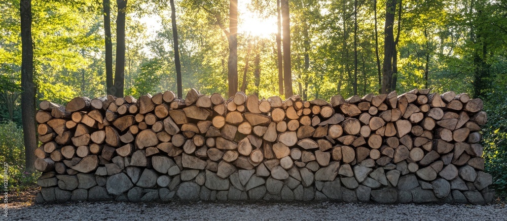 Poster stack of firewood logs in forest with sunlight filtering through trees