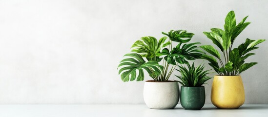 Indoor plants in decorative pots on a light background with ample copy space for text placement
