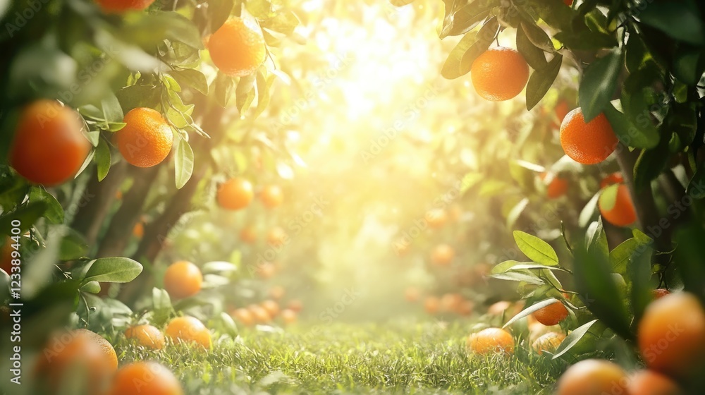Poster orange orchard pathway with sun rays shining through trees creating a warm atmosphere and ripe orang