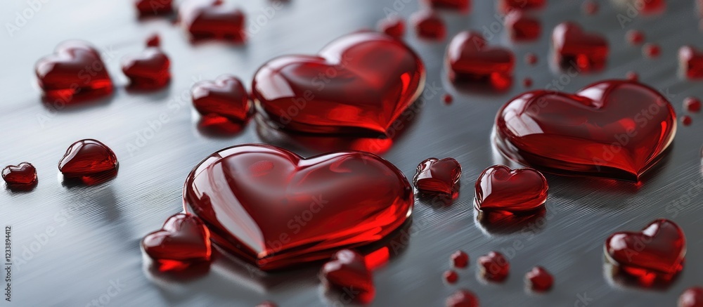 Poster red glass hearts scattered on a reflective surface with additional heart-shaped fragments, suitable 