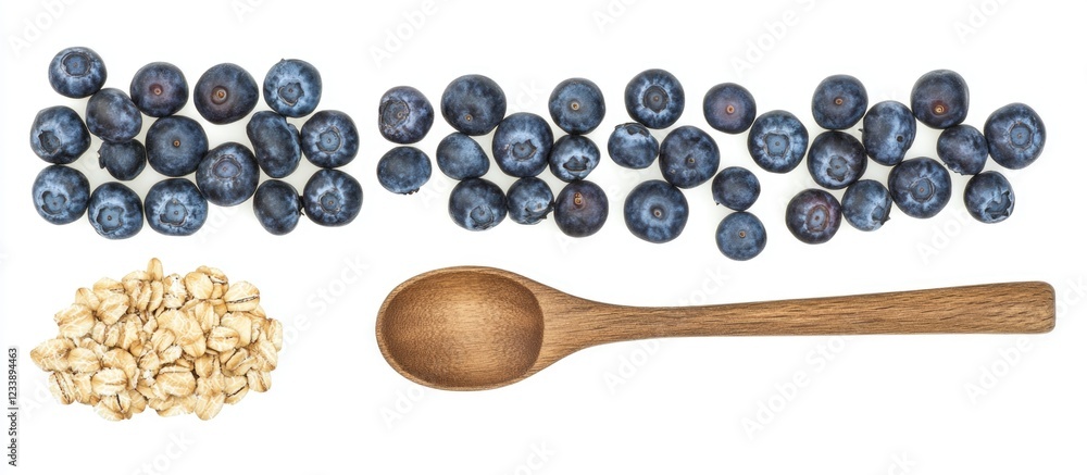 Poster blueberries arranged in a row beside a spoon and oats on a white background with copy space for text