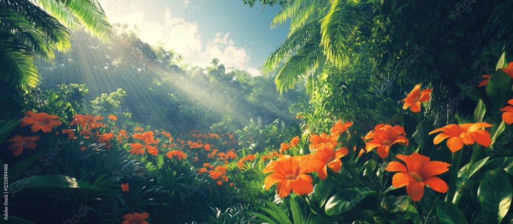 Poster vibrant orange flowers in a lush green forest with sunlight filtering through trees creating dappled