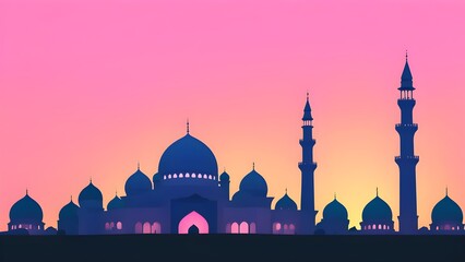 Fototapeta premium Silhouette of a grand mosque at sunset, featuring multiple domes and minarets against a vibrant pink and orange sky.