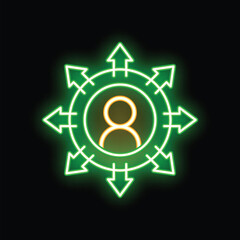 Bright green and yellow neon sign of a person surrounded by arrows pointing in all directions against a black background