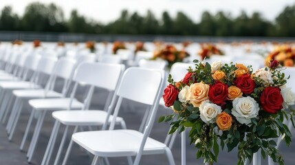 Rows of white chairs at an outdoor funeral service, adorned with floral arrangements, calm and dignified atmosphere