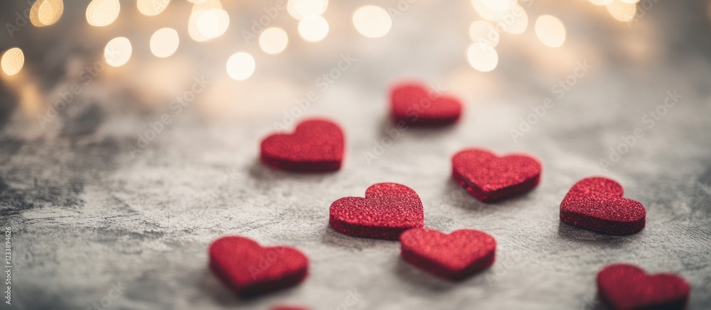 Poster red heart shaped decorations on a textured surface with soft glowing lights in the background copy s