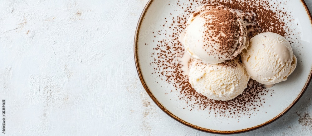 Poster vanilla ice cream scoops topped with cocoa powder on a round plate with textured background and copy