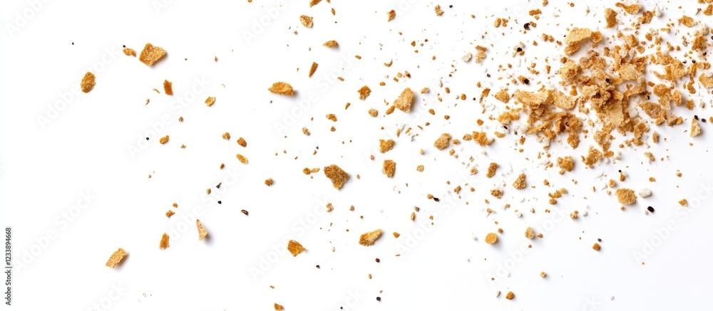 Poster brown crushed material scattered on a white background with ample space for text copy space