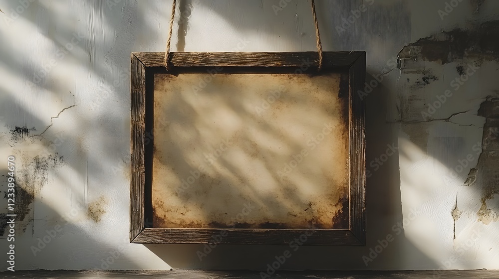 Poster rustic wooden frame casting soft natural light and shadows on an aged distressed interior wall empty