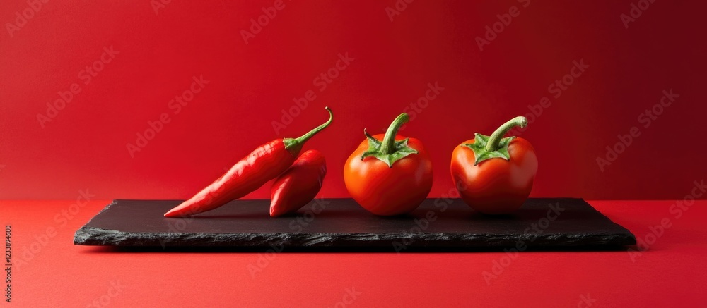 Poster red chili peppers and tomatoes arranged on a black tray against a red background with ample copy spa