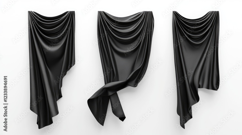 Poster three draped black fabric pieces arranged artistically on a white background with smooth folds and f