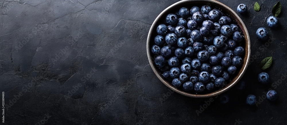 Poster fresh blueberries in a rustic bowl on dark textured background with leaves and copy space for text