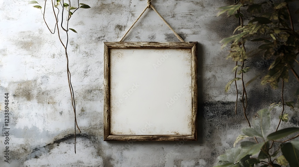Aufkleber Rustic wooden frame with hanging vines and lush green leaves against a weathered textured wall backdrop  Simple minimalist decor setting for artwork photography or product display