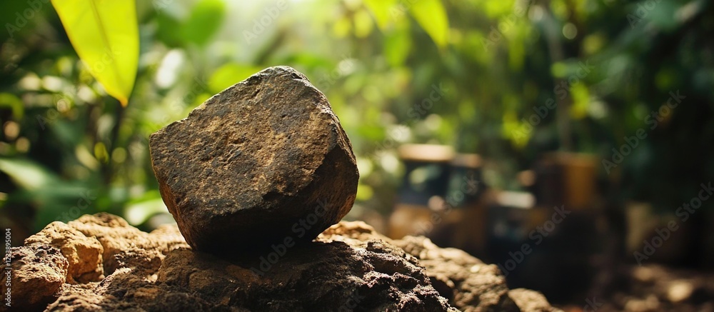 Poster close-up of a rock on soil with blurred greenery and machinery in the background with copy space for
