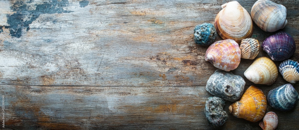 Poster colorful seashells arranged on weathered wooden background with ample copy space for text.