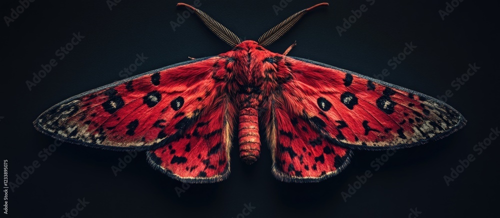 Poster vibrant red moth with intricate black patterns on dark background displaying detailed features and t