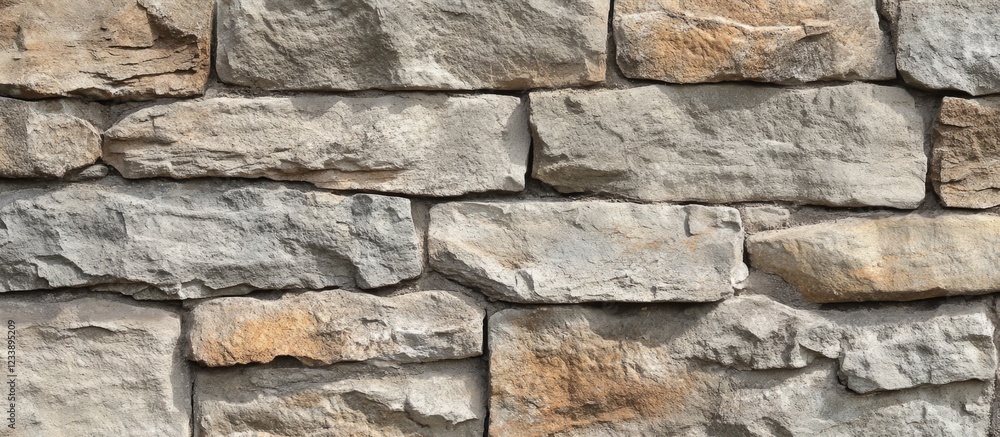 Poster textured surface of a natural stone wall with varying colors and sizes of stones arranged in a dry s