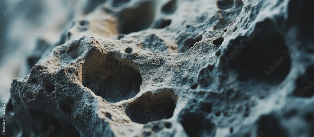 Poster close-up texture of porous rock with intricate details and natural patterns showcasing holes and une