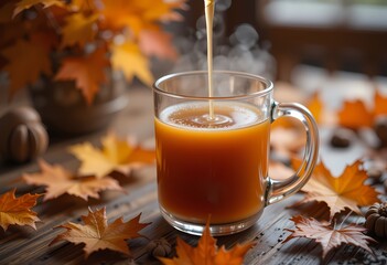 Warm drink pouring into glass mug, surrounded by autumn leaves.