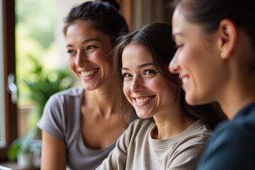 Fototapeta premium Three Women Smiling Together in a Bright Interior Setting, Emphasizing Friendship, Joy, and Connection in a Natural Light Environment